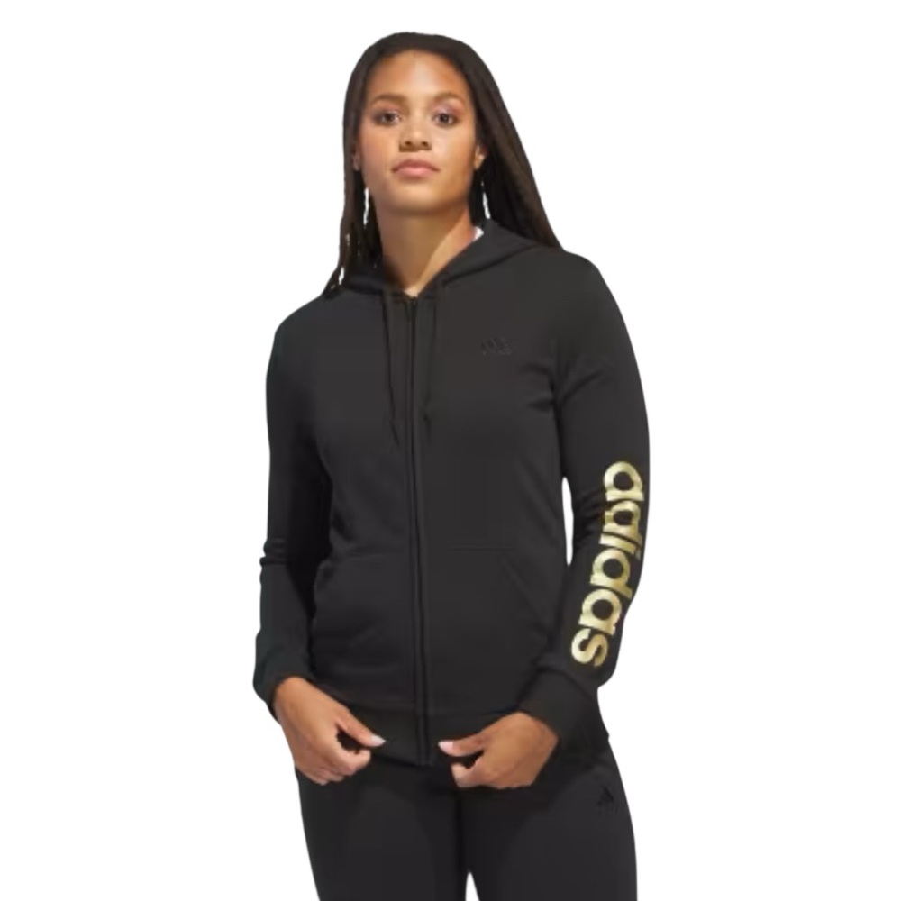 Adidas Women's Essentials Logo Full-Zip Hoodie Black & Gold Metallic size XL